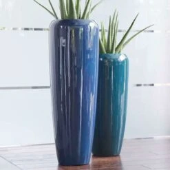 Moderne Pflanzvase Für Draußen - Blau Glänzend - Polystone - Montecasaro